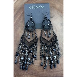 NEW Gunmetal & Black Long Dangle Statement Earrings Chandelier Faceted Pierced